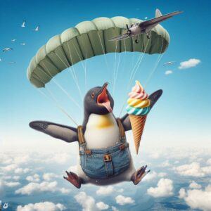 "creative art with penguin ice cream cone jumps from plane with parachute"