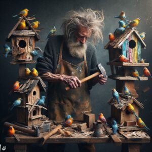 "Alan building bird houses for Etsy"