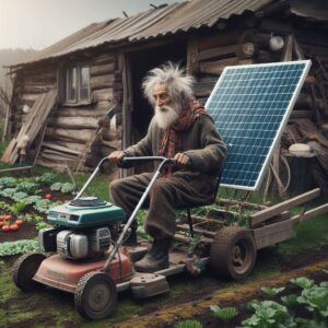 "Alan Uses His New Ergonomic Solar Powered Lawnmower"