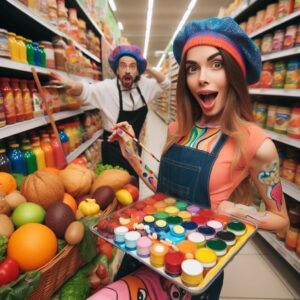 "a young female Artist painting everything in sight at a Grocery Store"