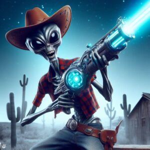 "Alien with a Ray gun shooting like a cowboy"