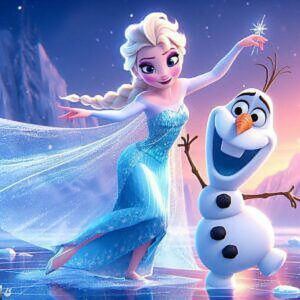 "Elsa from Frozen dancing with Olaf on ice"