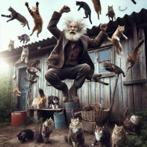 "Alan jumping up in the air with his cats"