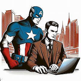 "a 'Those Affiliates Review' logo with Captain America reviewing a comouter"