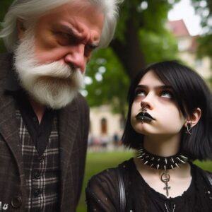 "An old man looking sternly at a Goth girl, she doesn't seem to happy with him either"